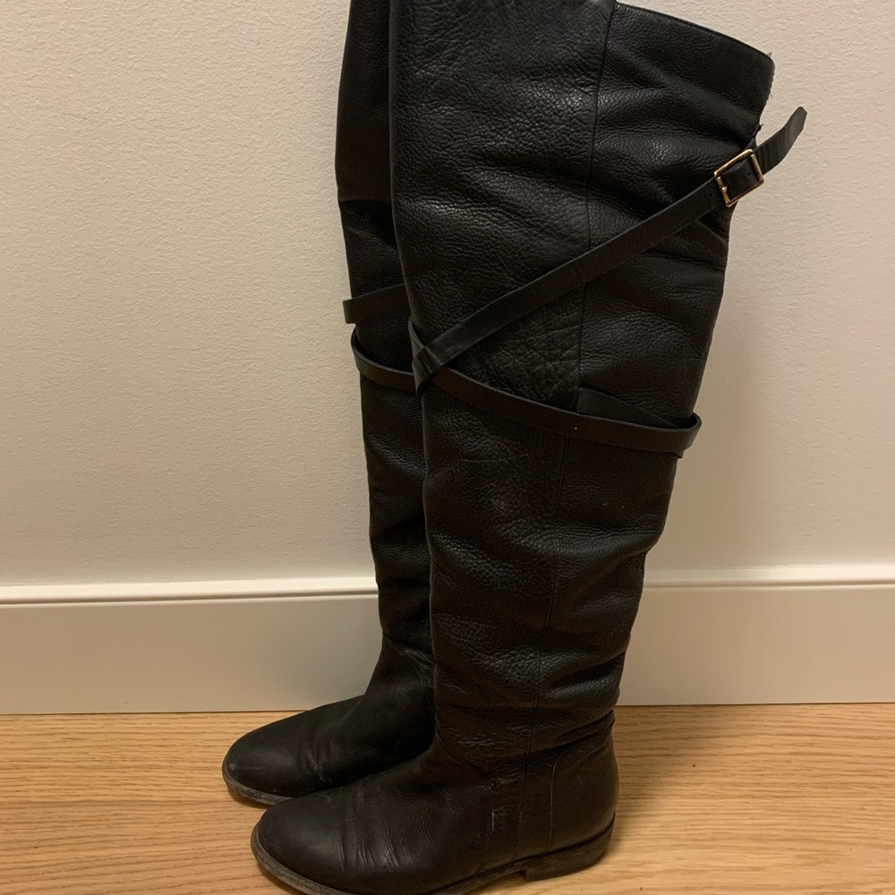 Authentic Burberry Black Leather Over Knee-High Boots 37